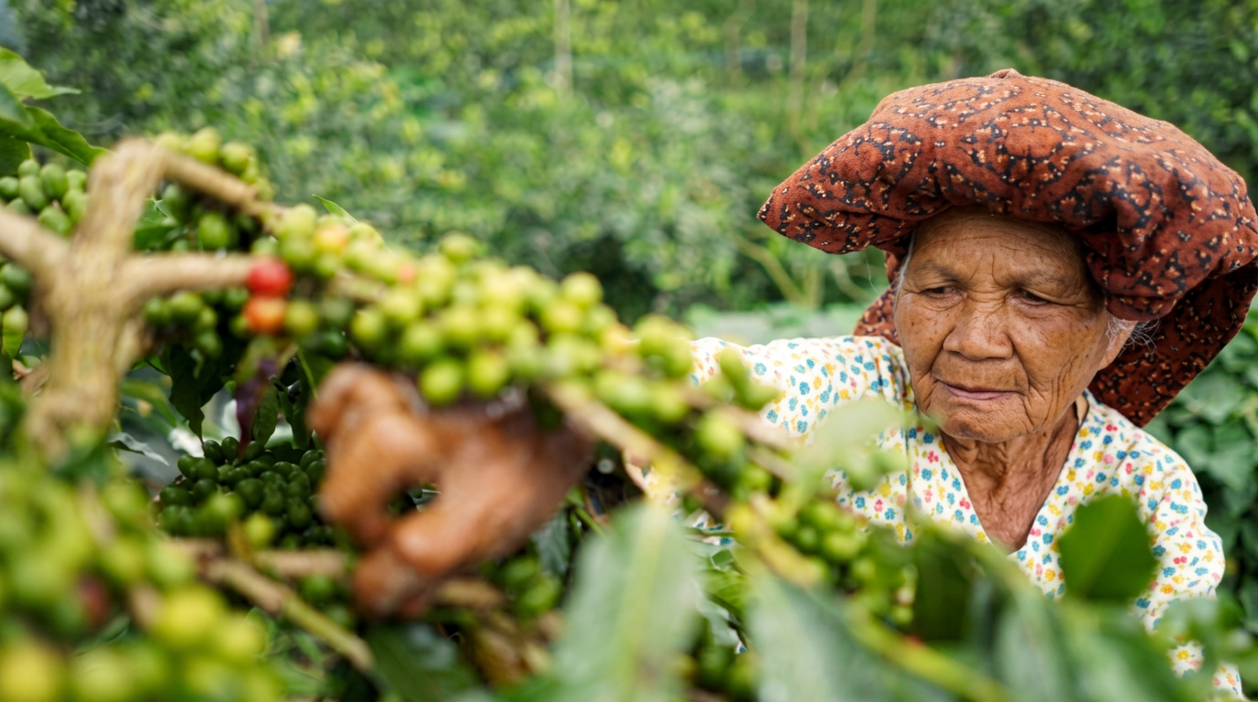 Caficultora colombiana seleccionando cerezas de café maduras a mano